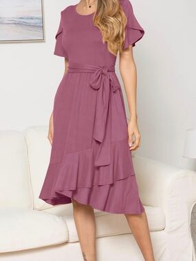 Levaca Dress Stretch Material Wrapped Waist Belt Purple Mauve Ruffle Women L